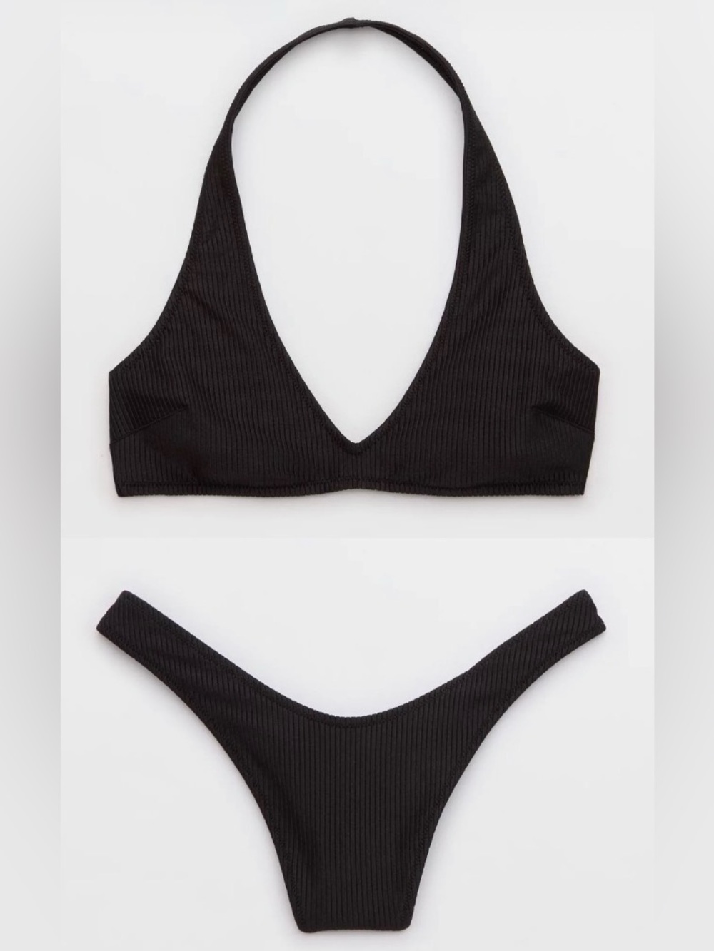NWT Aerie FULL SET Shine Rib Halter Top + Thong Bottom in Black - Size M